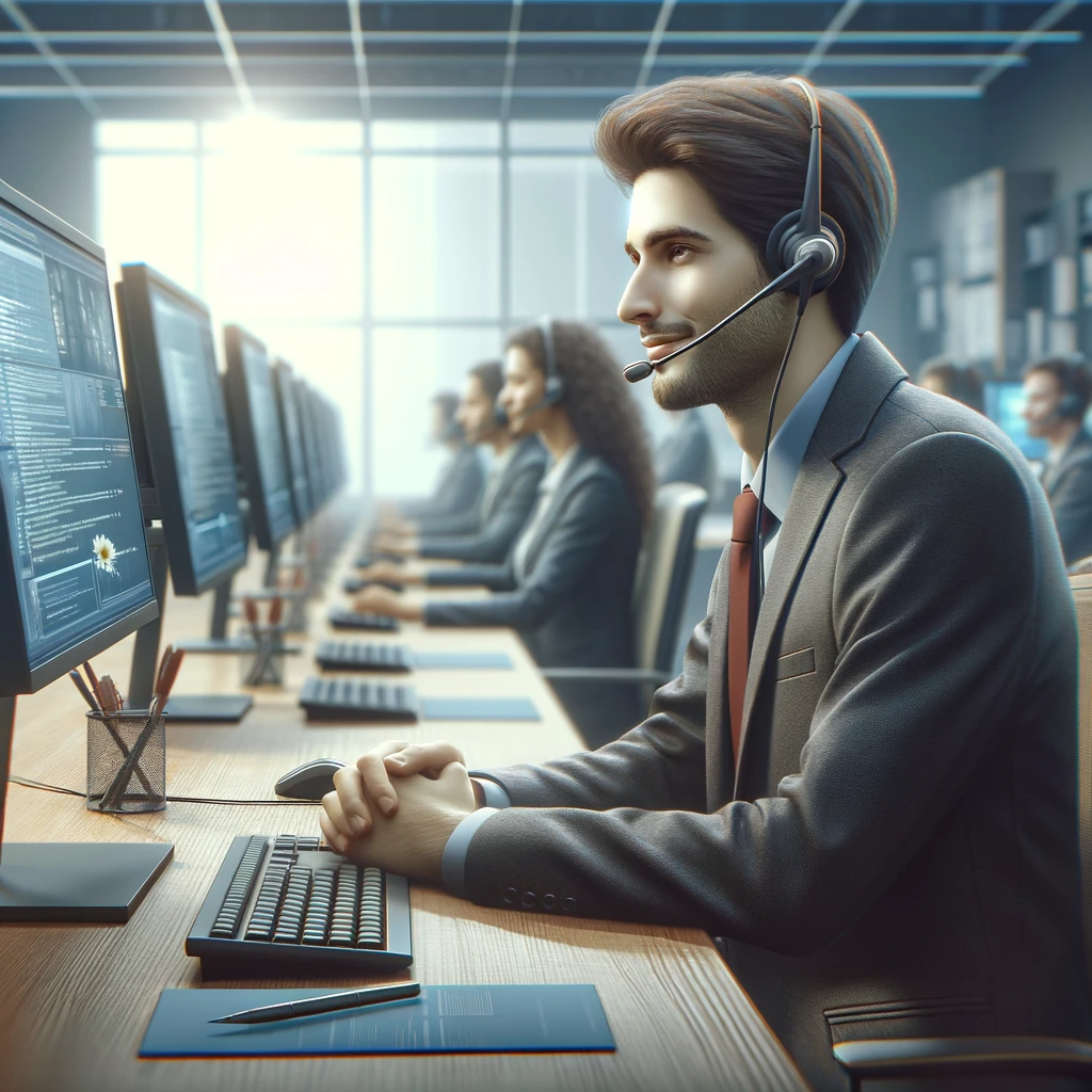 DALL·E 2024-03-23 16.41.33 - An image of a helpdesk support person, portrayed as the epitome of patience and professionalism. They are seated at a desk equipped with multiple moni
